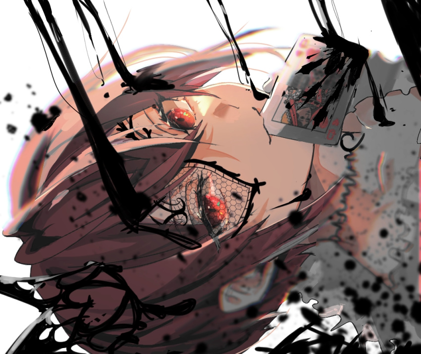 1boy, bangs, blurry, card, card_in_mouth, chromatic_aberration, crossed_bangs, crown