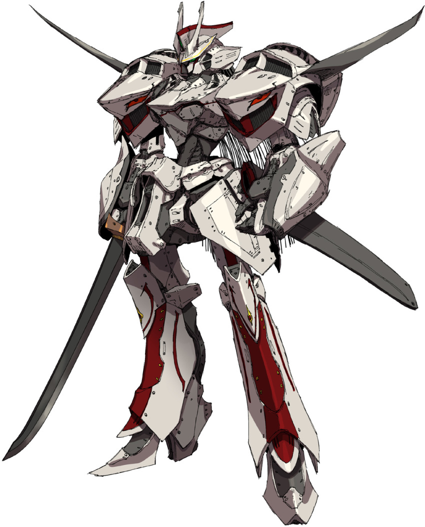 five_star_stories, green_eyes, highres, holding, holding_sword, holding_weapon, looking_ahead, mecha, mortar_headd, munya_(otikamohe), no_humans, original, solo, standing, sword, weapon, white_background
