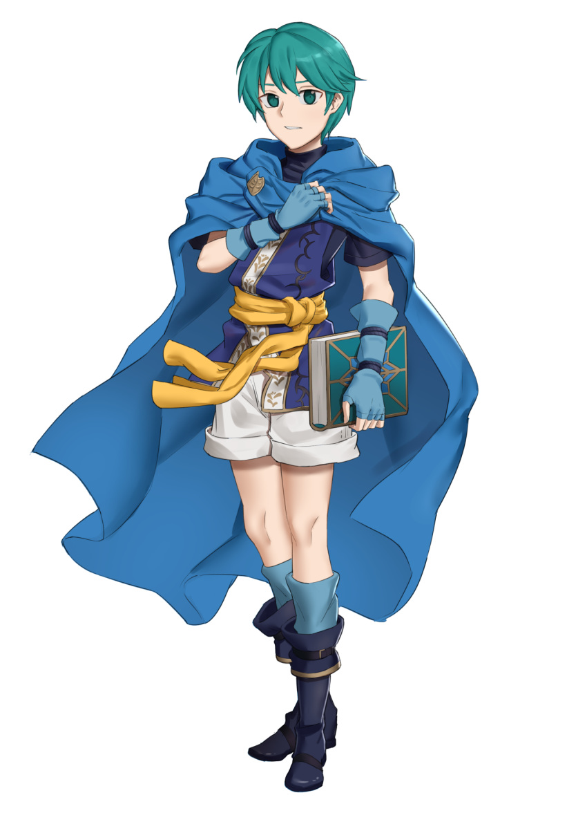 1boy, asvel_(fire_emblem), belt, blue_eyes, blue_hair, book, boots, cape, ebinku, fingerless_gloves, fire_emblem, fire_emblem:_thracia_776, full_body, gloves, highres, solo, teeth, white_background
