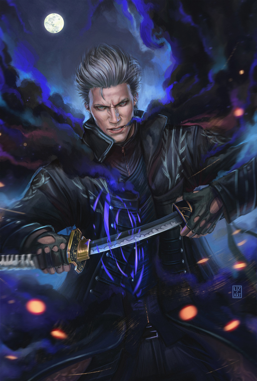 1boy, absurdres, artist_name, black_coat, black_gloves, black_pants, blue_vest, coat