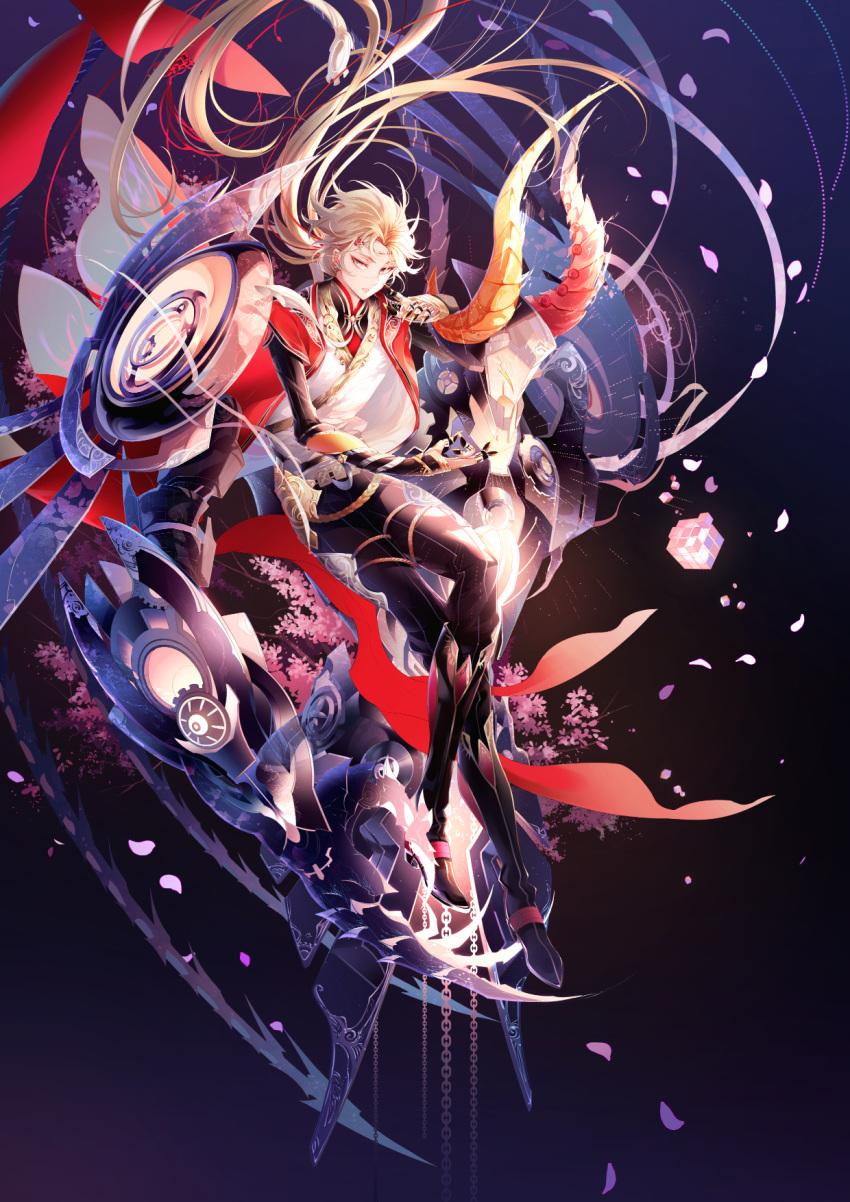 1boy, black_pants, blonde_hair, chain, ching_nu_yu_hun_2, claws, dark_background, full_body