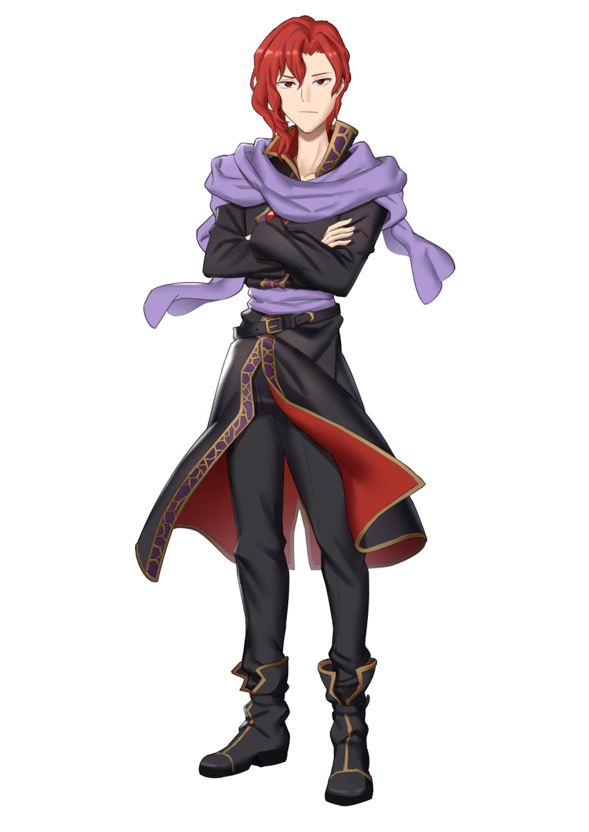 1boy, belt, boots, crossed_arms, ebinku, fire_emblem, fire_emblem:_thracia_776, full_body, highres, red_eyes, redhead, salem_(fire_emblem), scarf, solo, white_background
