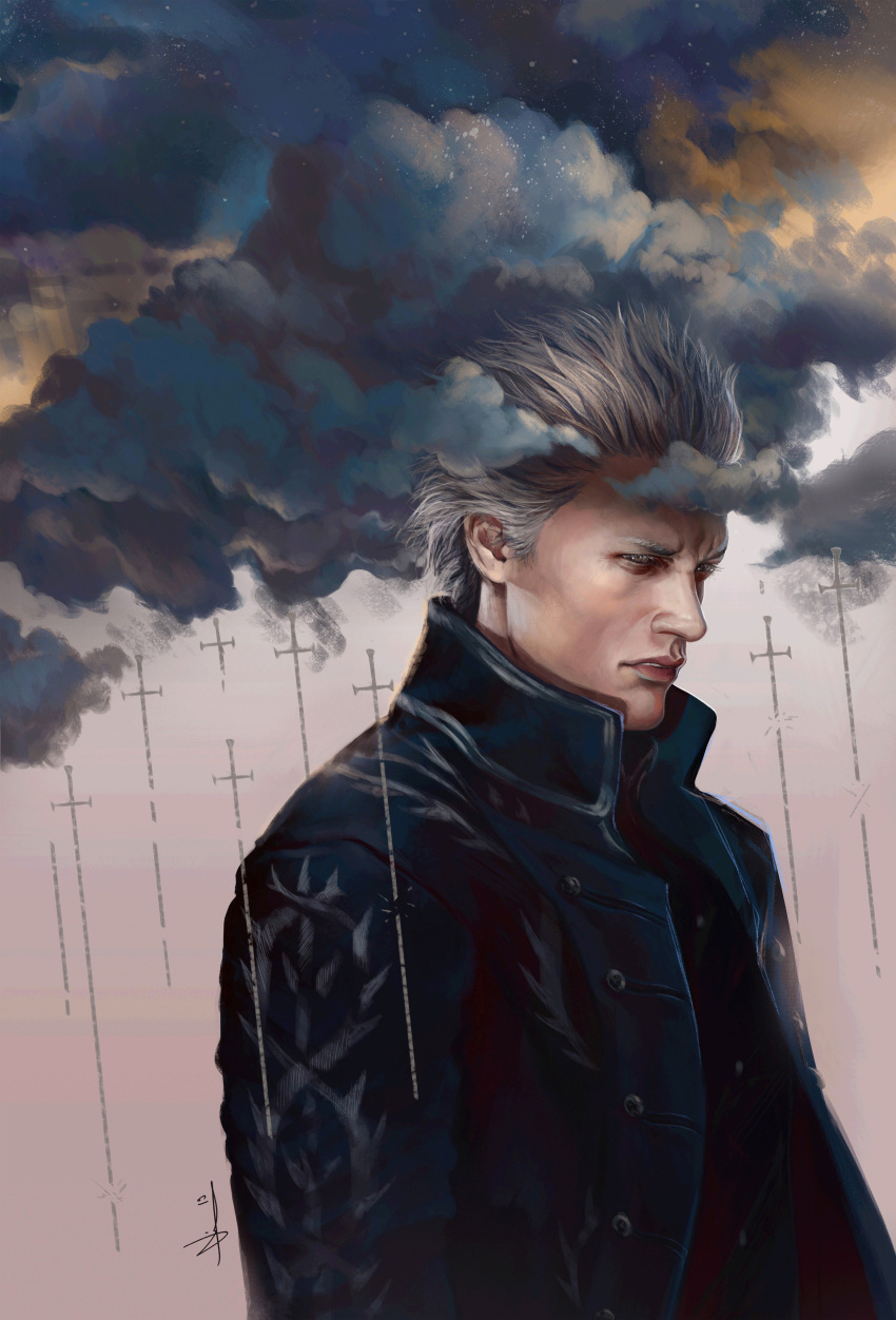 1boy, absurdres, black_vest, blue_coat, closed_mouth, cloud, clouds, coat