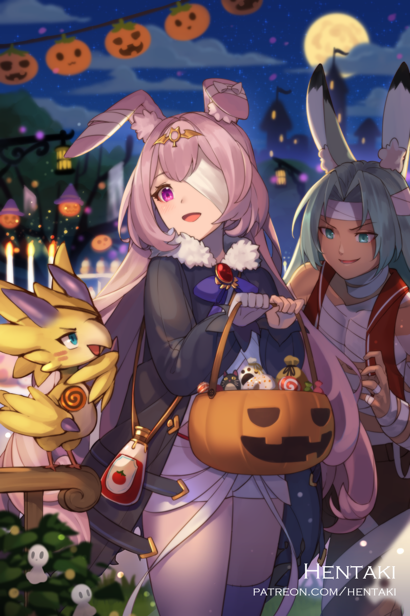 1boy, 1girl, animal, animal_ear_fluff, animal_ears, artist_name, bandage_over_one_eye, bangs