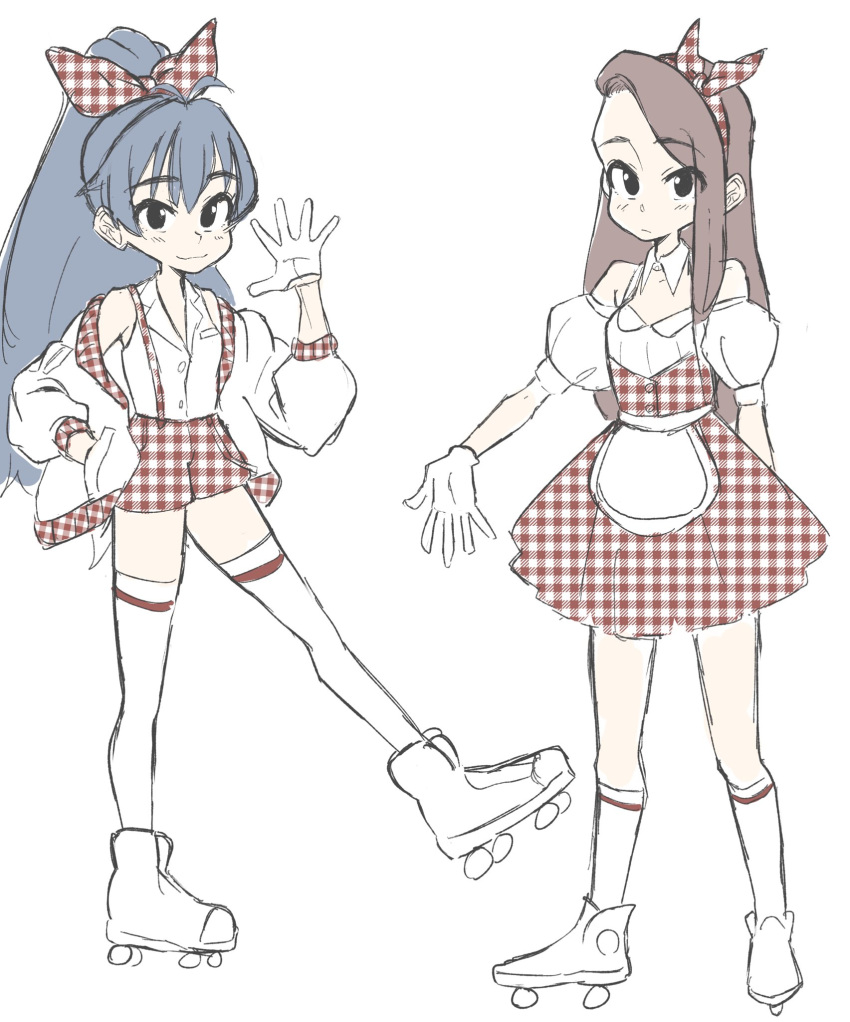 2girls, alternate_costume, anjerain, black_eyes, blue_hair, brown_hair, ganaha_hibiki, gloves