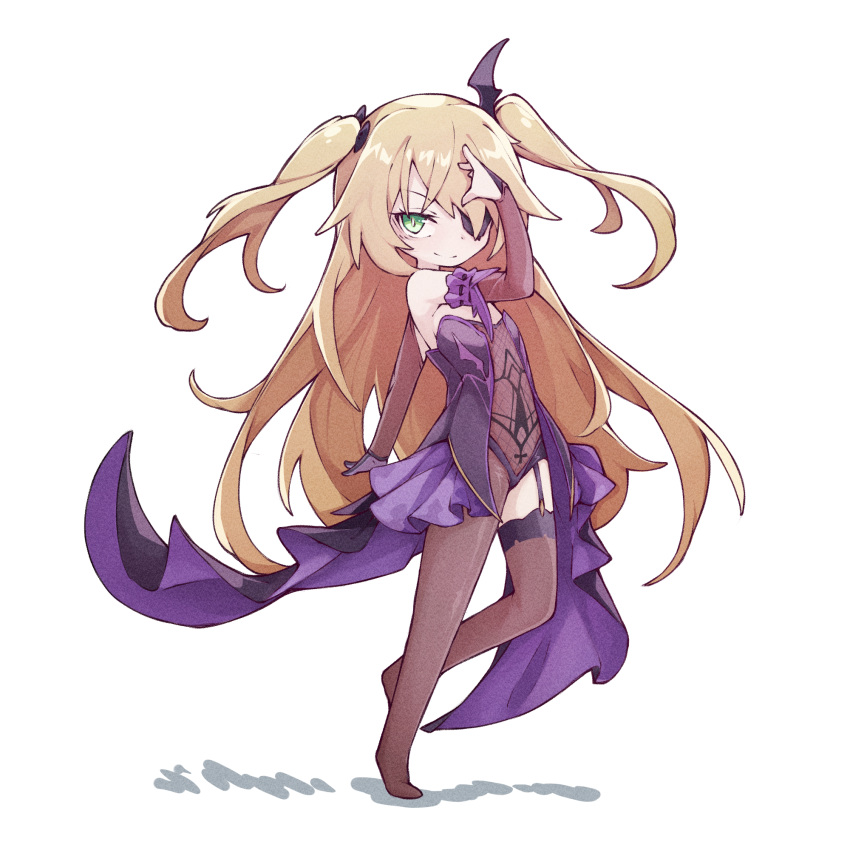 1girl, blonde_hair, brown_legwear, closed_mouth, dress, eyepatch, fischl_(genshin_impact), garter_straps