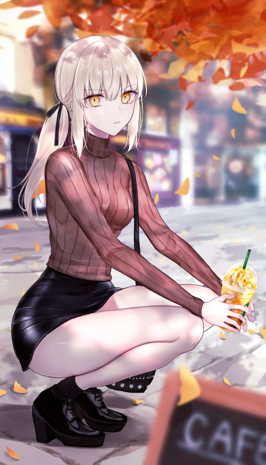 1girl, artoria_pendragon_(all), bag, bangs, bare_legs, black_bag, black_footwear, black_legwear