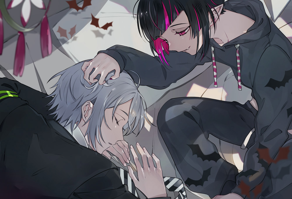 2boys, alternate_costume, bat, black_hair, black_pants, casual, diagonal-striped_neckwear, diagonal_stripes