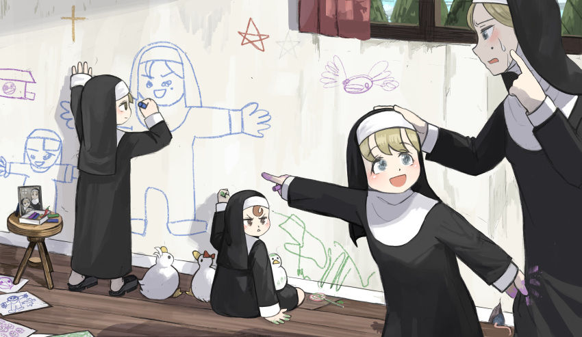 4girls, :d, absurdres, bird, black_footwear, blonde_hair, blue_eyes, blush