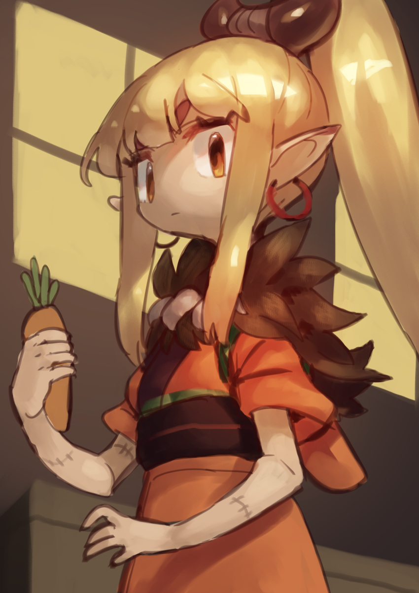 1girl, absurdres, black_sash, blonde_hair, carrot, closed_mouth, earrings, food