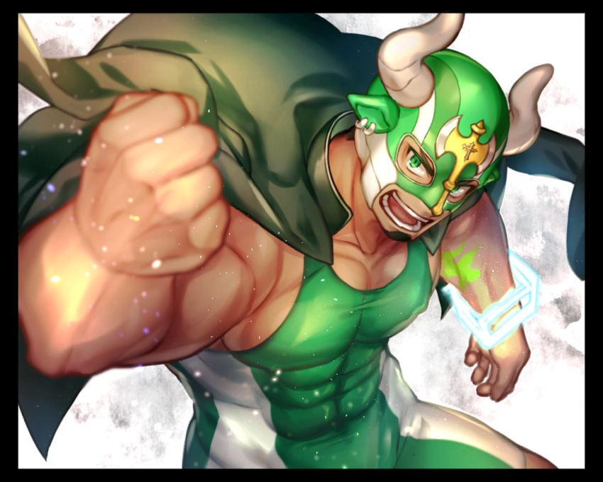 1boy, bara, bare_arms, black_hair, chest, covered_abs, covered_navel, covered_nipples