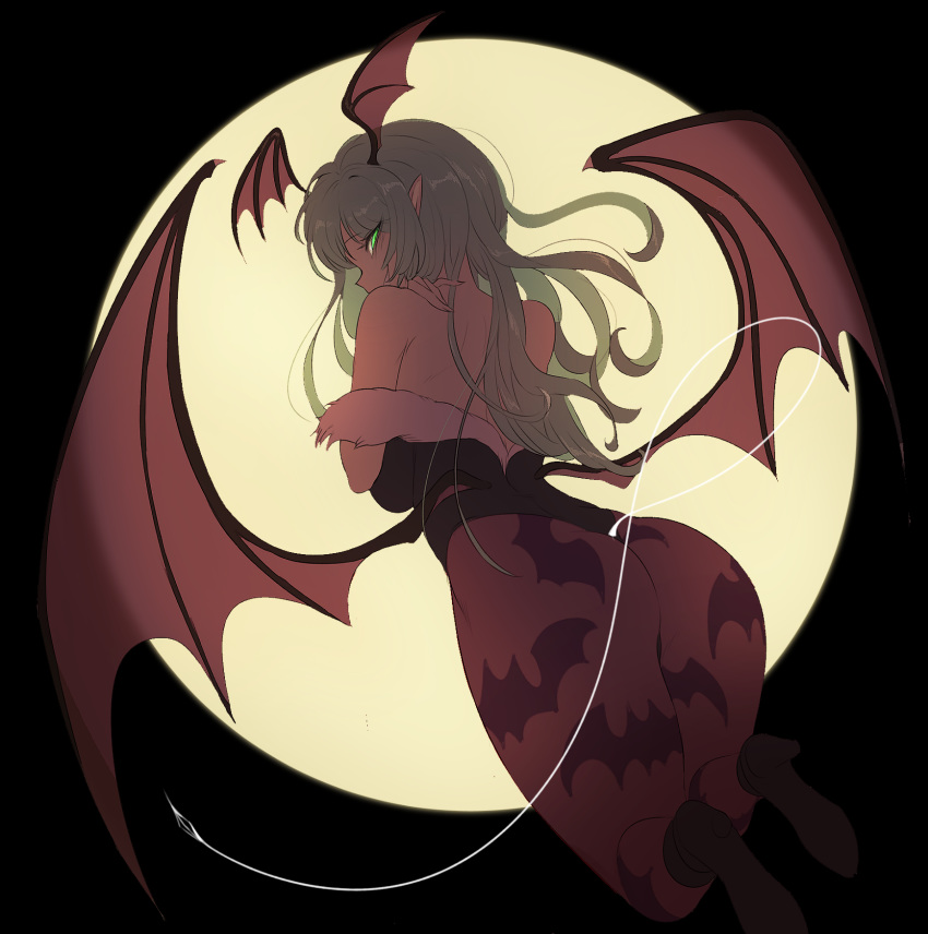 1girl, backlighting, bare_shoulders, head_wings, highres, looking_back, morrigan_aensland, night