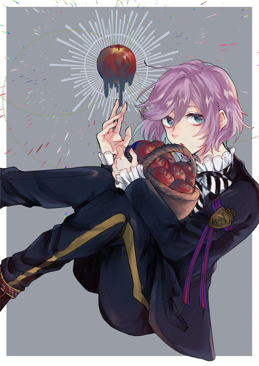 1boy, :o, amenagi, apple, basket, blue_eyes, border, collar