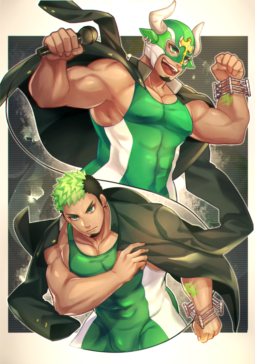 1boy, bara, bare_arms, black_hair, bulge, chest, collarbone, covered_abs