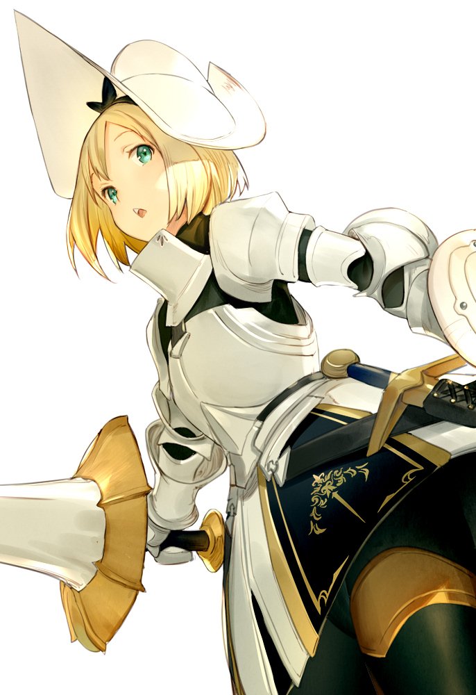 1girl, armor, armored_skirt, black_bow, black_hairband, black_legwear, blonde_hair, bow, bow_hairband, breastplate, chestnut_mouth, gauntlets, gorget, green_eyes, guard_of_the_ivory_tower_(km_yama), hair_bow, hairband, holding, holding_lance, holding_polearm, holding_shield, holding_weapon, km_yama, lance, looking_at_viewer, morion, original, pantyhose, parted_lips, pauldrons, polearm, shield, short_hair, shoulder_armor, simple_background, skirt, solo, upper_teeth, weapon, white_background