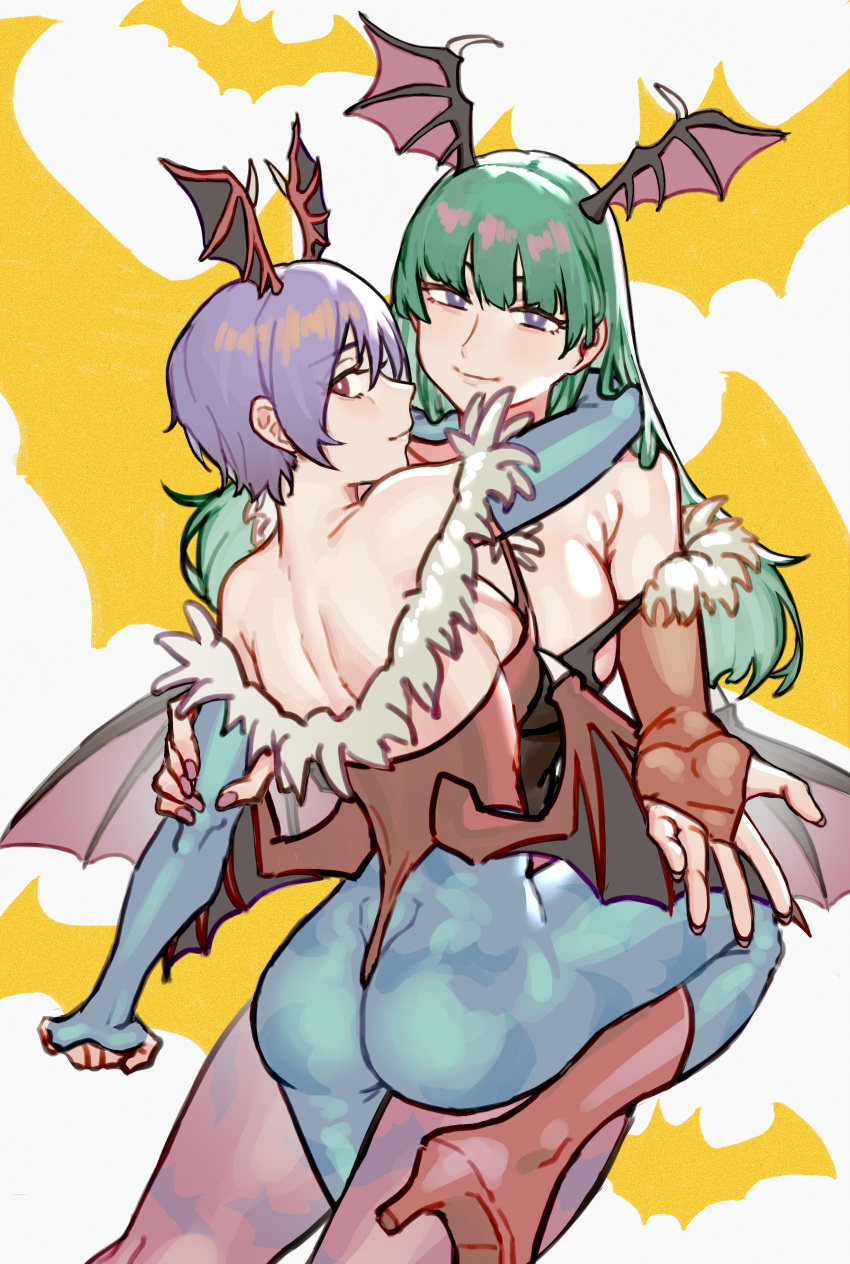 2girls, absurdres, arm_grab, ass, bangs, bare_back, bare_shoulders, bat_background