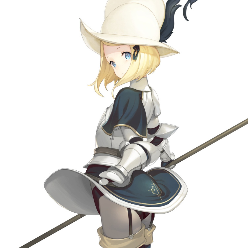 1girl, black_panties, blonde_hair, blue_eyes, blue_ribbon, bob_cut, breastplate, closed_mouth, cowboy_shot, from_behind, gauntlets, grey_legwear, guard_of_the_ivory_tower_(km_yama), hair_ribbon, highres, holding, km_yama, looking_at_viewer, looking_back, morion, original, panties, pantyhose, plume, ribbon, short_sleeves, simple_background, solo, underwear, white_background