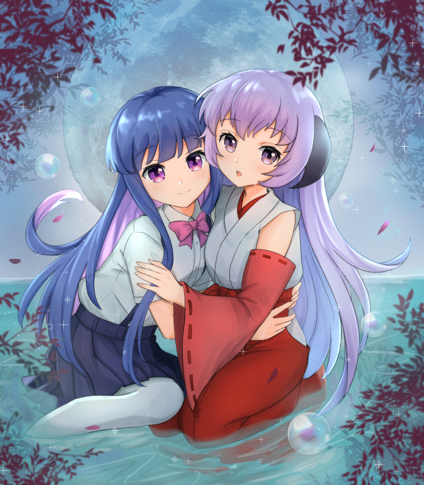 2girls, :o, absurdres, blue_hair, blue_skirt, blurry, bow, bowtie, branch, bubble, closed_mouth, depth_of_field, detached_sleeves, full_moon, furude_rika, hakama, hanyuu, highres, higurashi_no_naku_koro_ni, horns, hug, japanese_clothes, light_smile, long_hair, looking_at_viewer, moon, multicolored_hair, multiple_girls, pantyhose, partially_submerged, pink_bow, pleated_skirt, purple_bow, purple_hair, red_hakama, sand_(redsunny924), school_uniform, sitting, skirt, two-tone_hair, violet_eyes, water, white_legwear, wide_sleeves