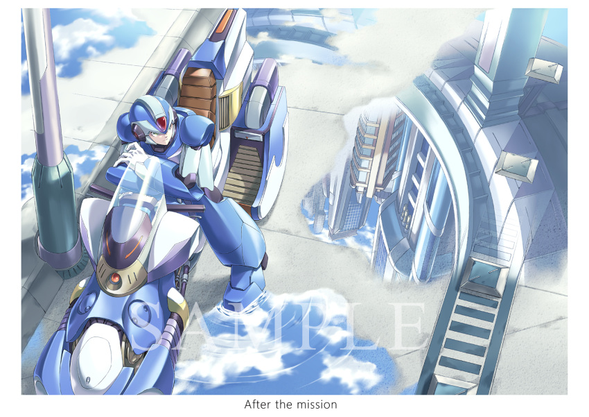 1boy, android, building, capcom, clouds, fujino_yuuki, green_eyes, ground_vehicle