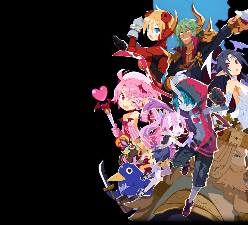 3boys, 4boys, :o, absurdres, aiguillette, bare_legs, beard, bieko_(disgaea), black_coat, black_hair, black_shorts, blonde_hair, blue_eyes, blue_hair, blue_skin, bodysuit, cerberus_(disgaea), character_request, circlet, coat, crown, dark_skin, disgaea, dog, dress, facial_hair, gloves, green_hair, grey_gloves, grin, hair_over_one_eye, hand_on_another's_shoulder, harada_takehito, hat, head_wings, heart, highres, holding, holding_wand, horns, ivar_(disgaea), long_hair, looking_at_viewer, majolaine_(disgaea), makai_senki_disgaea_6, melodia_(disgaea), multiple_boys, mustache, official_art, one_eye_closed, open_mouth, pink_gloves, pink_hair, piyori_(disgaea), pointy_ears, prinny, profile, purple_dress, purple_hair, purple_skin, red_bodysuit, red_eyes, red_hoodie, shirtless, shoes, short_hair, shorts, side_ponytail, single_horn, smile, striped, twintails, v, vertical_stripes, wand, white_gloves, yellow_eyes, zed_(disgaea)