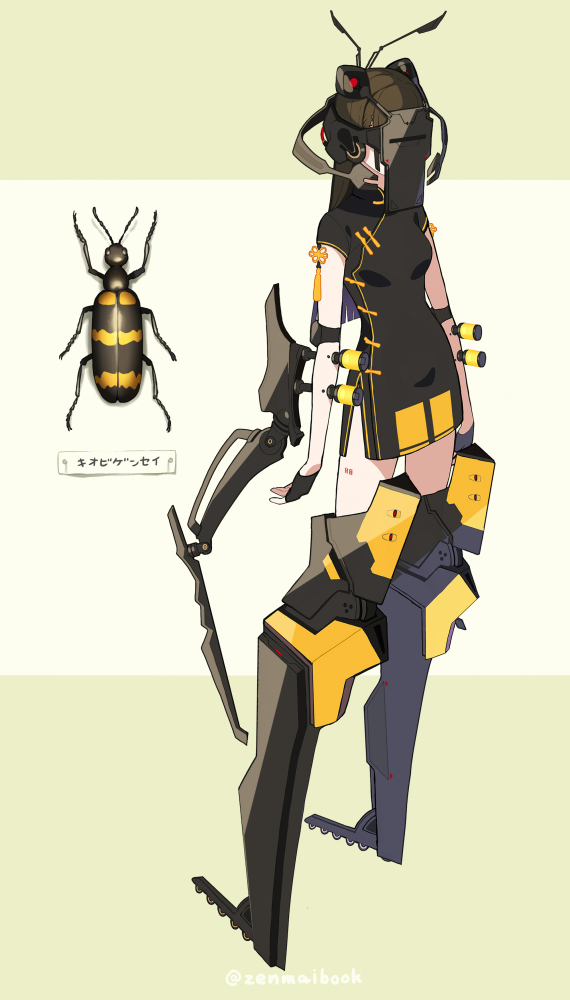 1girl, antennae, beetle, beetle_girl, black_dress, black_gloves, black_hair, bug
