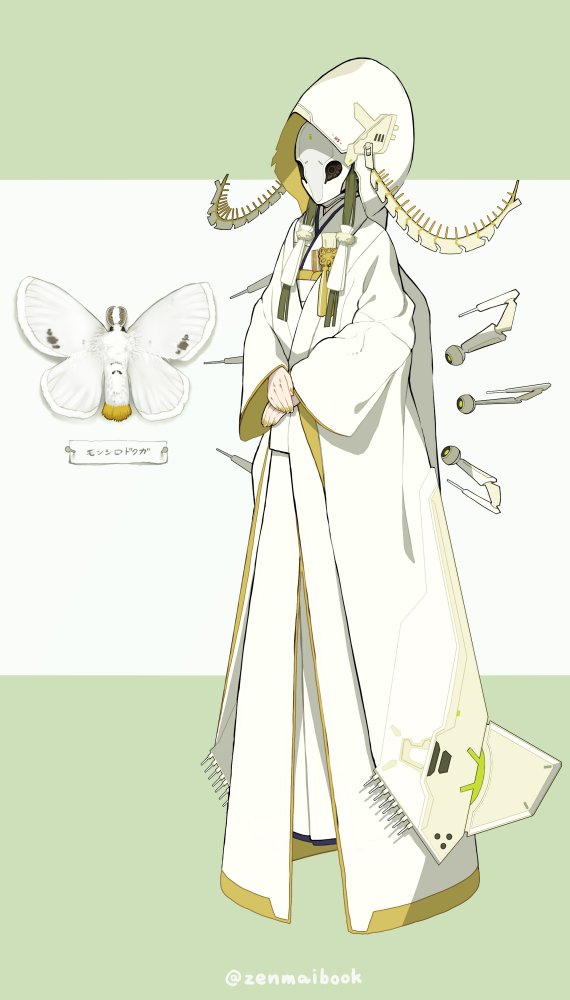 1girl, bug, cloak, full_body, green_hair, hood, hood_up, insect