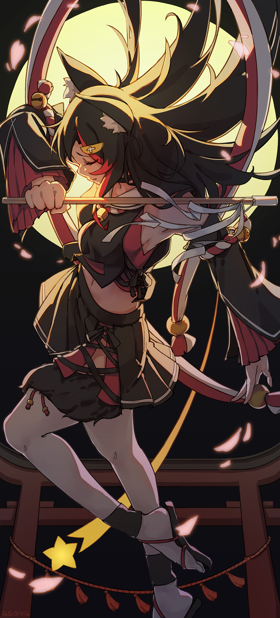 1girl, animal_ear_fluff, animal_ears, bangs, bell, black_hair, black_shirt, black_skirt