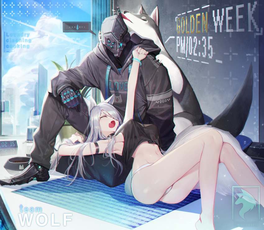 ..., 1boy, 1girl, absurdres, animal_ears, arm_strap, bare_legs, black_choker, black_pants, blue_sky, breasts, choker, chyan, closed_eyes, crop_top, day, dog, dog_ears, dog_tags, fang, future_police_(chyan), golden_week, grey_hair, helmet, highres, knees_together_feet_apart, large_breasts, long_hair, long_sleeves, lying, on_stomach, open_mouth, panties, pants, police, robot, skin_fang, sky, spoken_ellipsis, spoken_sweatdrop, stretch, sweatdrop, underwear, white_panties