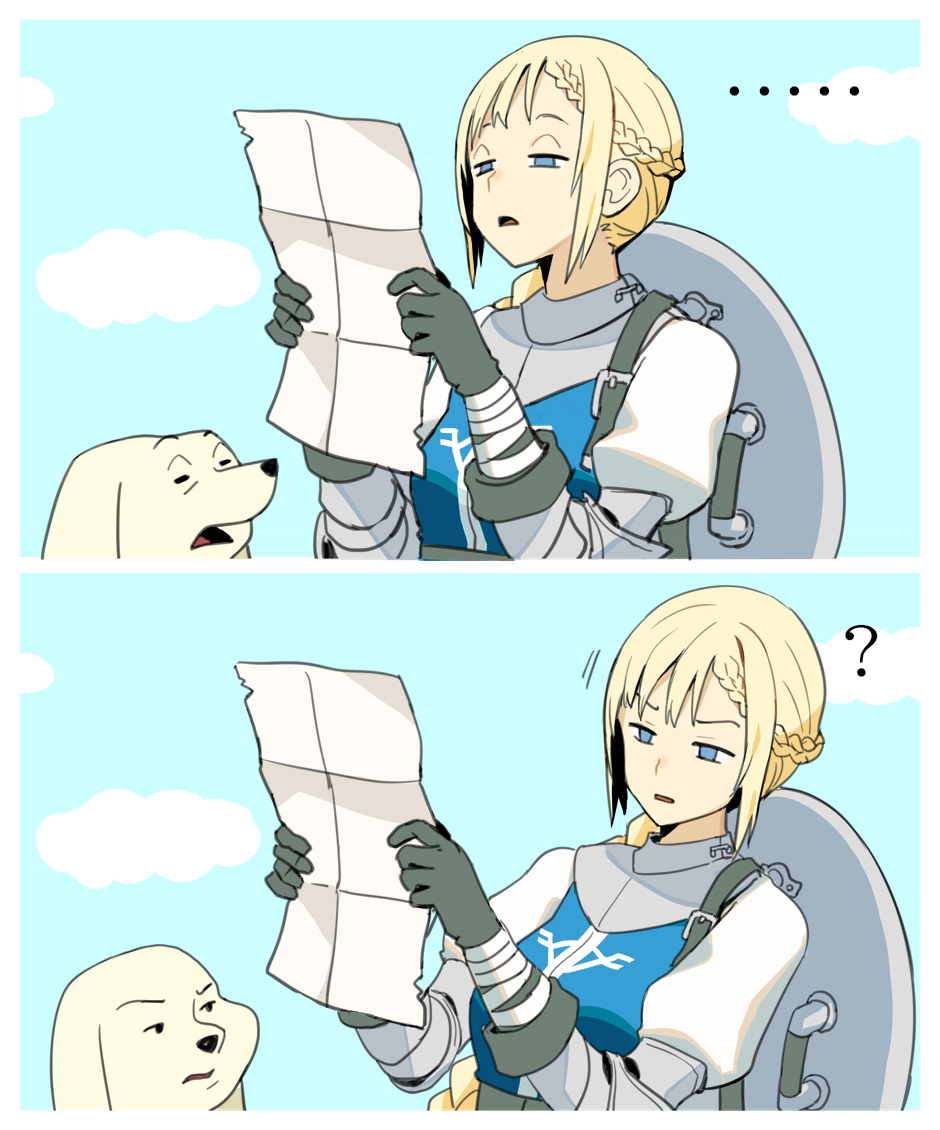 ..., 1girl, ?, black_gloves, blonde_hair, blue_knight_of_the_cornerstone_(km_yama), border, braid, creature, french_braid, gloves, holding, holding_map, jitome, km_yama, long_hair, map, meme, original, parted_lips, puffy_short_sleeves, puffy_sleeves, reading, short_sleeves, single_braid, solo, upper_body, white_border, winnie_the_pooh, winnie_the_pooh_reading_(meme)