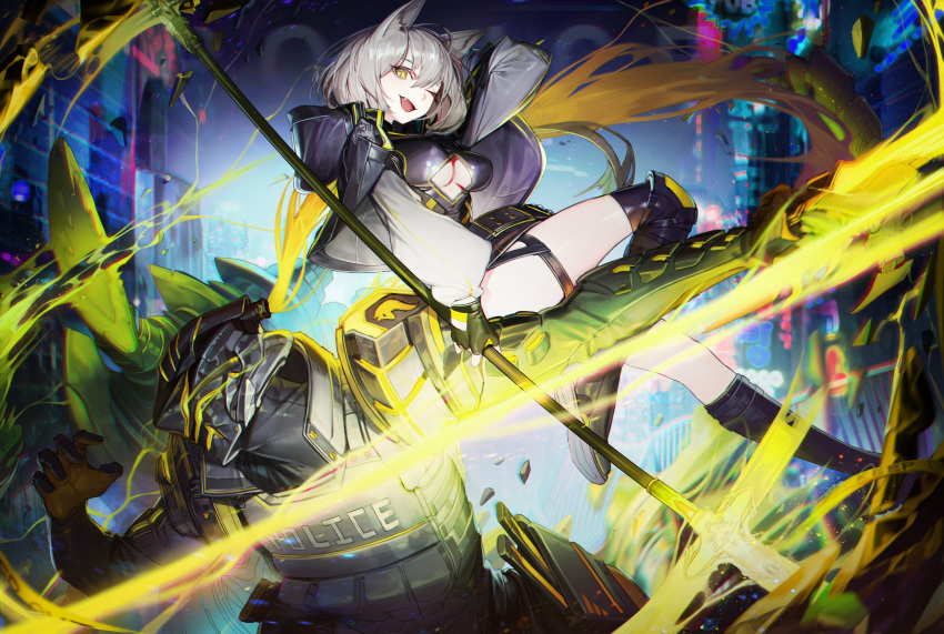 1boy, 1girl, :d, absurdres, animal_ears, black_jacket, black_legwear, breasts, bulletproof_vest, chyan, dog_ears, fang, fighting, future_police_(chyan), grey_hair, highres, holding, holding_spear, holding_weapon, hood, hood_down, hooded_jacket, jacket, knee_pads, kneehighs, long_sleeves, looking_at_viewer, medium_breasts, medium_hair, one_eye_closed, open_clothes, open_jacket, open_mouth, original, polearm, police, robot, slit_pupils, smile, spear, thigh_strap, weapon, yellow_eyes