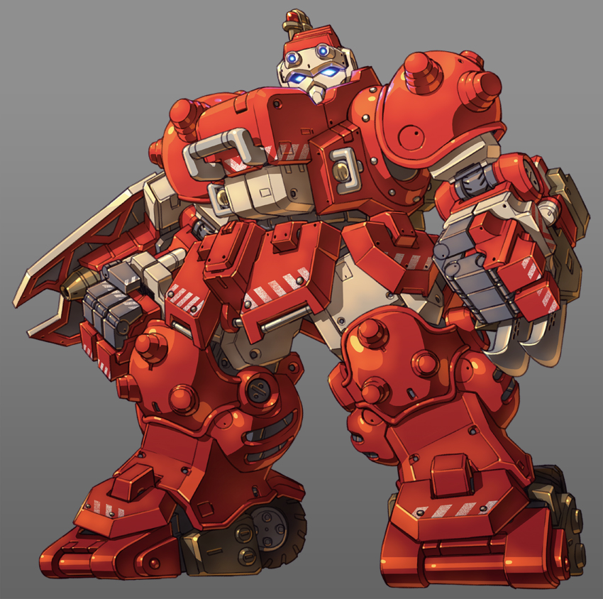 blodia, blue_eyes, clenched_hands, commentary, cyberbots, glowing, glowing_eyes, grey_background, horns, looking_at_viewer, mecha, no_humans, powered_gear, solo, standing, susagane