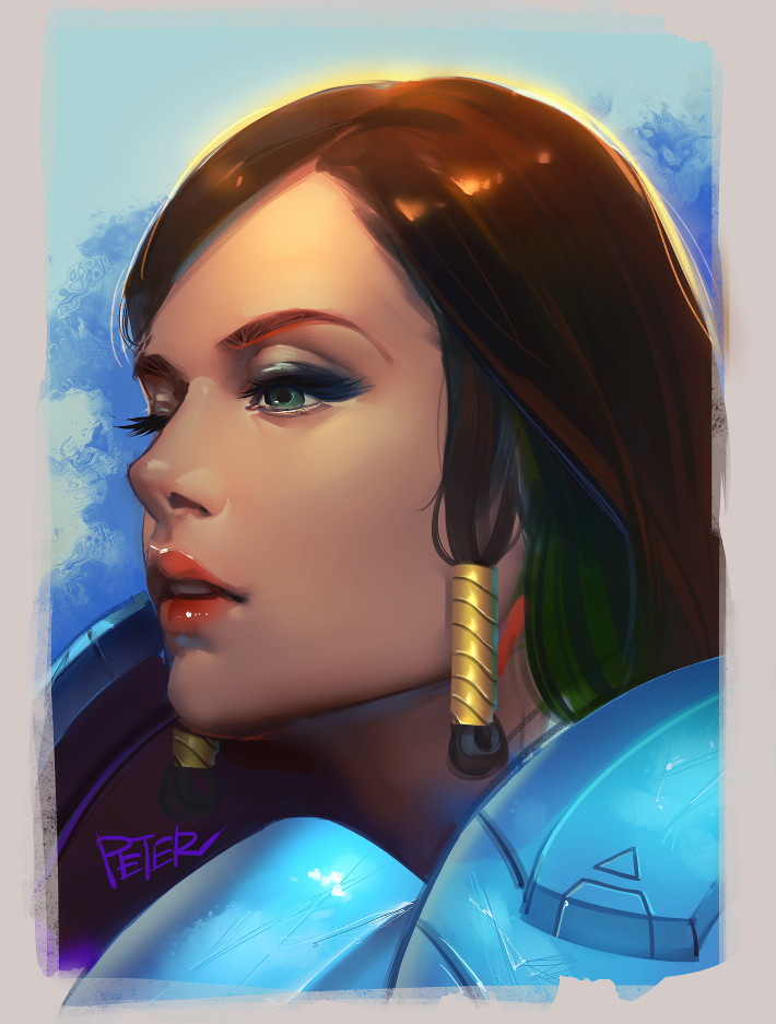 1girl, armor, artist_name, bodysuit, brown_hair, dark_skin, eyelashes, face