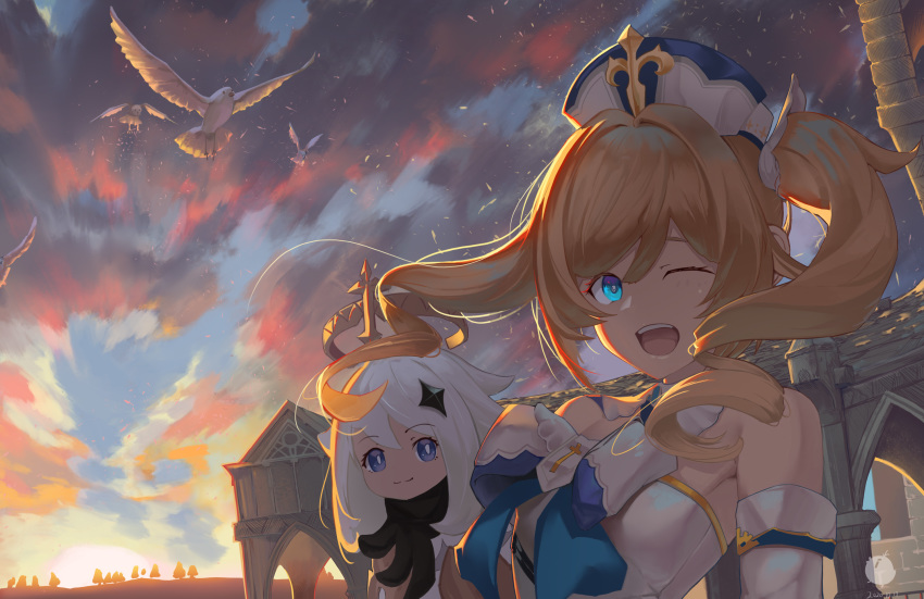 2girls, :3, armpits, backlighting, bangs, barbara_(genshin_impact), bare_shoulders, benpao_de_ruoji, bird, black_scarf, blonde_hair, blue_eyes, blue_neckwear, breasts, cathedral, chinese_commentary, clouds, commentary_request, dated, detached_sleeves, dove, dress, drill_hair, eyebrows_visible_through_hair, genshin_impact, halo, hat, highres, large_breasts, latin_cross, multiple_girls, necktie, one_eye_closed, open_mouth, paimon_(genshin_impact), ringlets, scarf, short_hair, sky, smile, sunset, twin_drills, twintails, upper_body, upper_teeth, watermark, white_dress, white_hair, white_headwear, white_sleeves