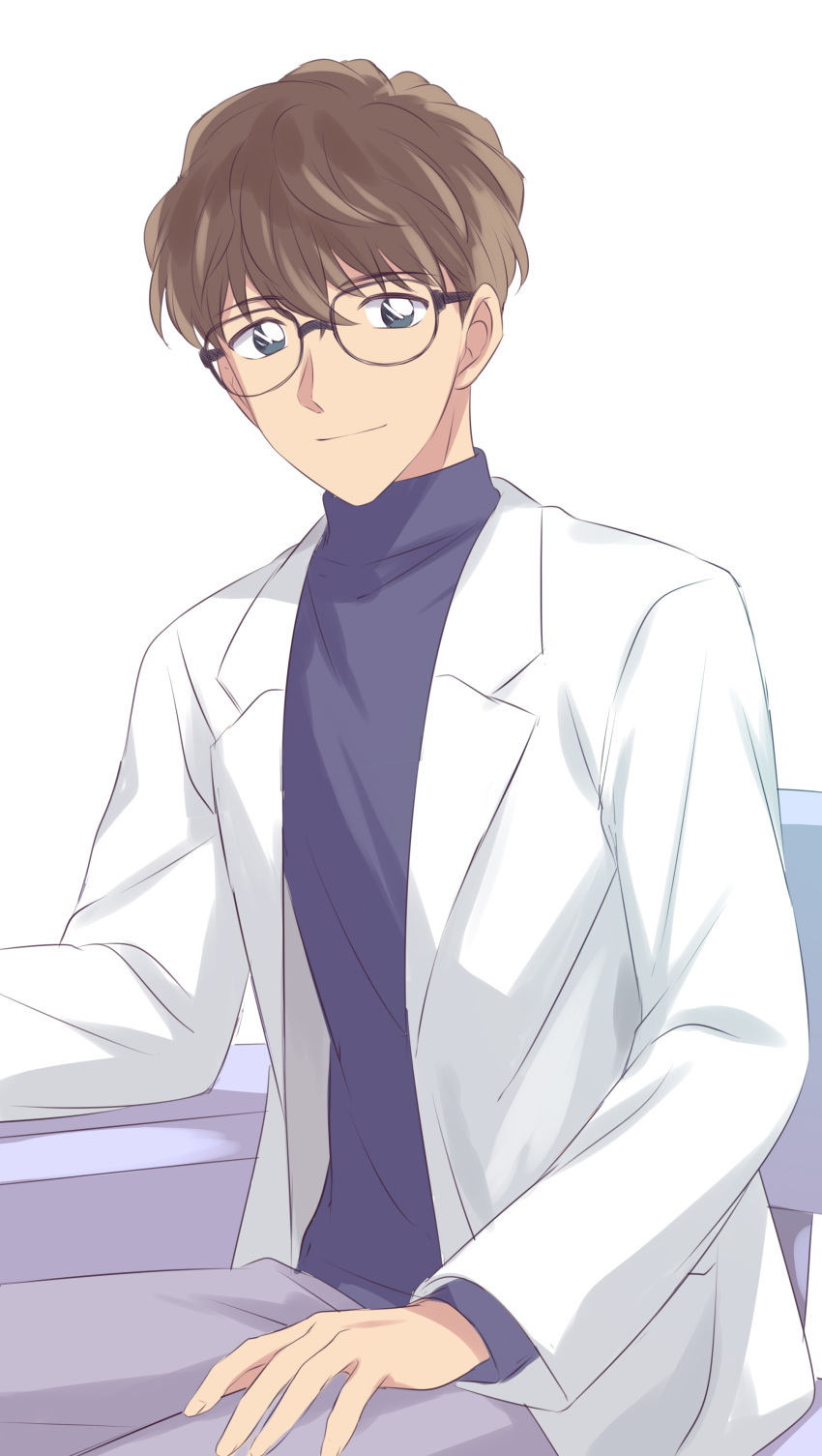 1boy, absurdres, araide_tomoaki, bangs, blue_eyes, brown_hair, chair, closed_mouth