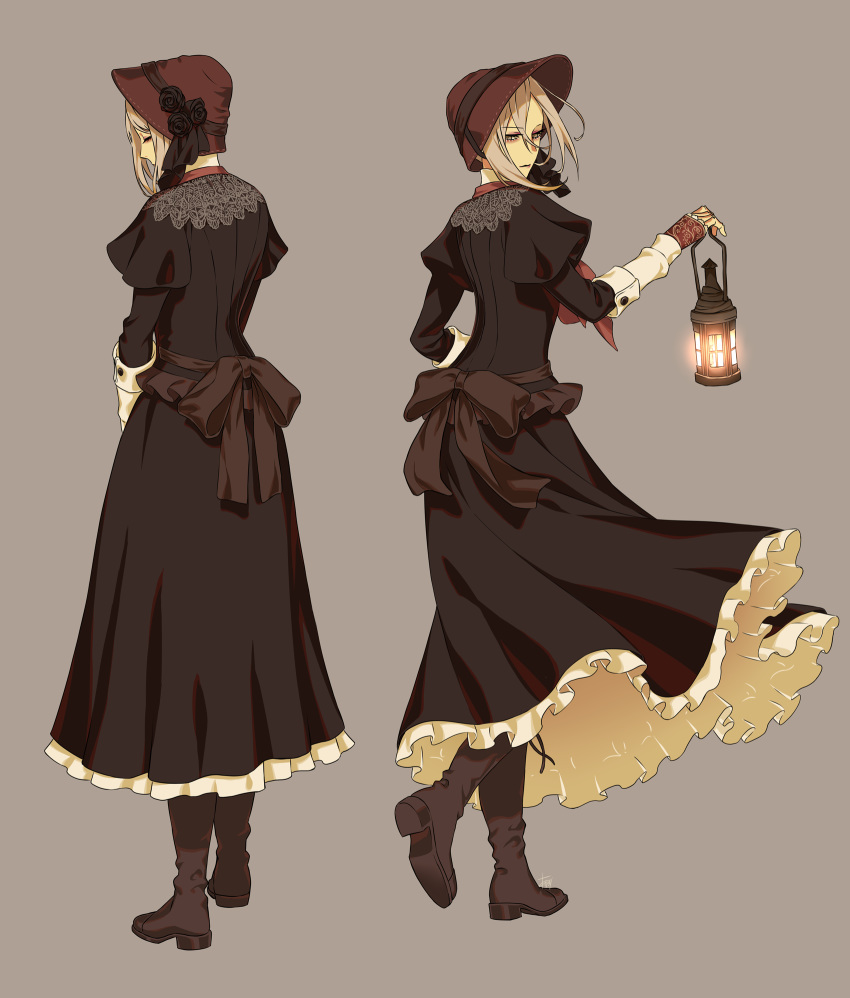 1girl, arizuka_(catacombe), black_dress, black_flower, bloodborne, bonnet, boots, bottle