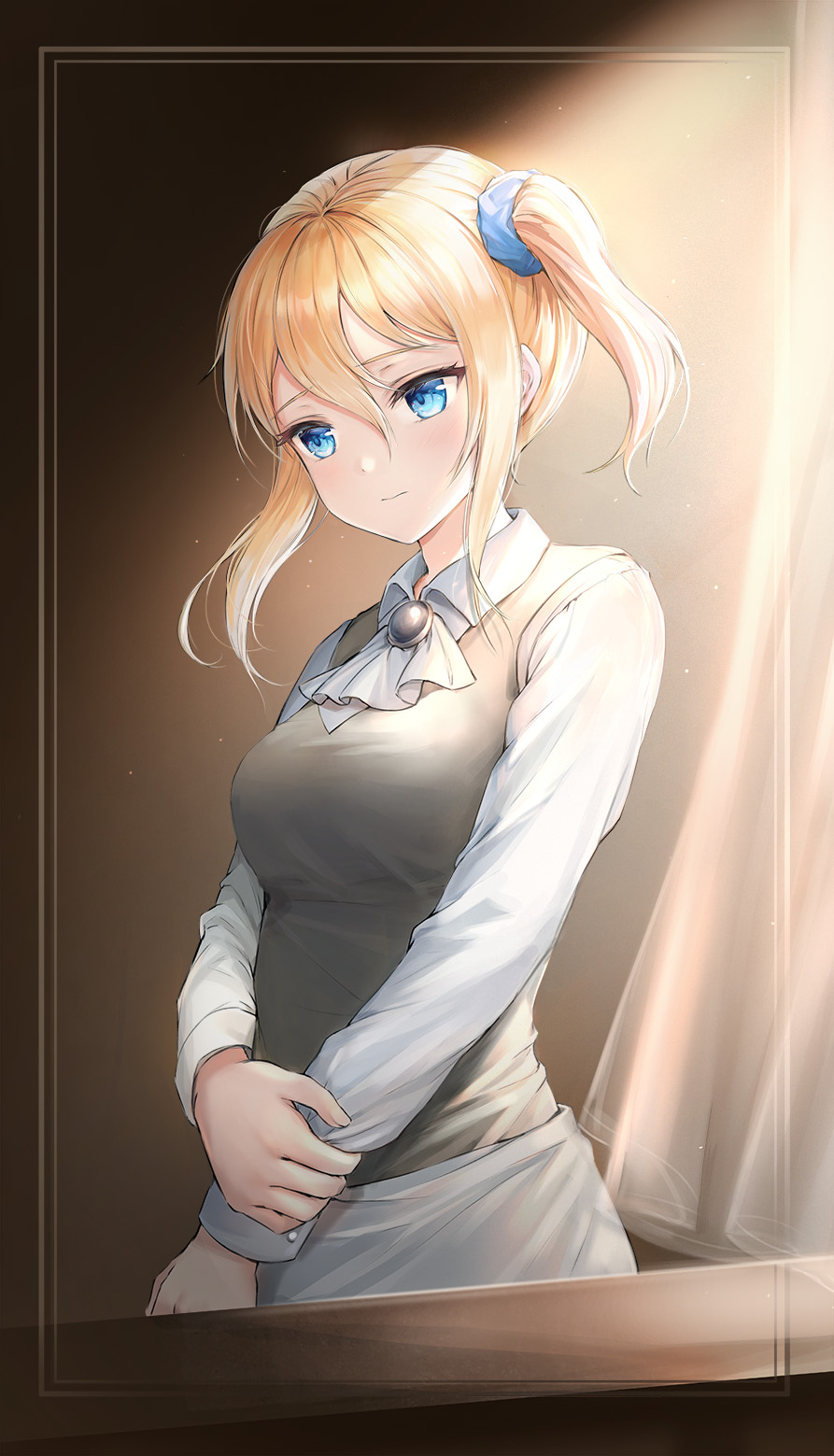 1girl, apron, ascot, bangs, blonde_hair, blue_eyes, blue_scrunchie, blush