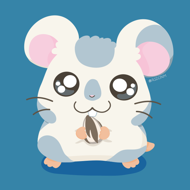 1other, :3, animal, buck_teeth, commentary_request, food, full_body, hamster, hamtaro, holding, holding_food, koushi_(hamutarou), looking_at_viewer, male, no_humans, oxnard, rizu_(rizunm), seed, shadow, shogakukan, solo, standing, sunflower_seed, tms_entertainment, twitter_username, whiskers