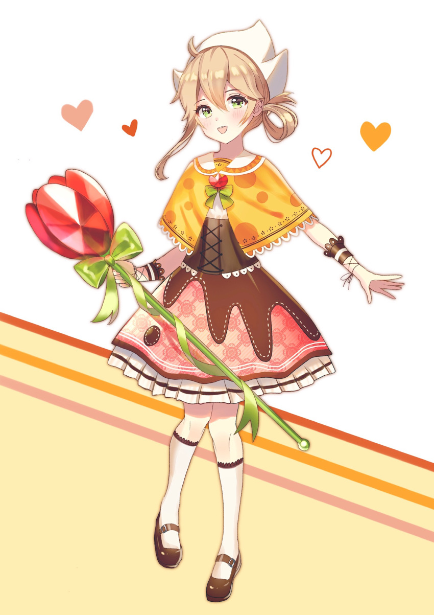 1girl, :d, bangs, black_footwear, blush, bow, brown_hair, capelet, commentary_request, eyebrows_visible_through_hair, frilled_skirt, frills, full_body, green_bow, green_eyes, green_ribbon, hair_between_eyes, hair_rings, heart, highres, holding, kneehighs, long_hair, looking_at_viewer, open_mouth, orange_capelet, original, pink_skirt, ribbon, shoes, skirt, smile, solo, uni_sirasu, white_background, white_legwear