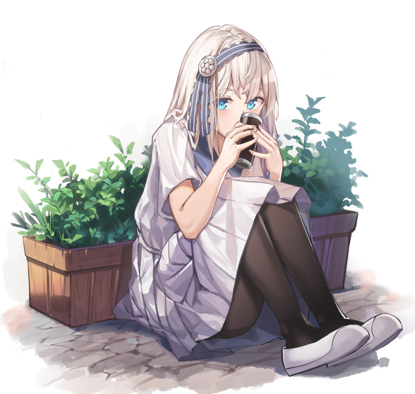 1girl, bangs, black_legwear, blue_eyes, blue_hairband, blue_sailor_collar, blush, can