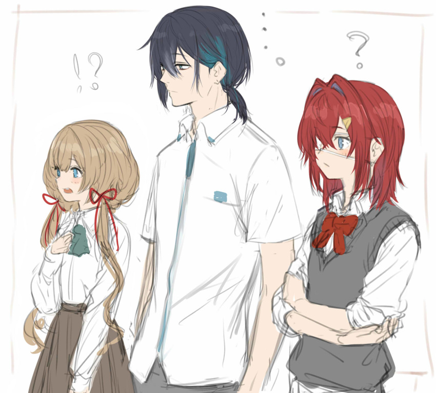 !?, ..., 1boy, 2girls, ?, ange_katrina, bangs, black_hair