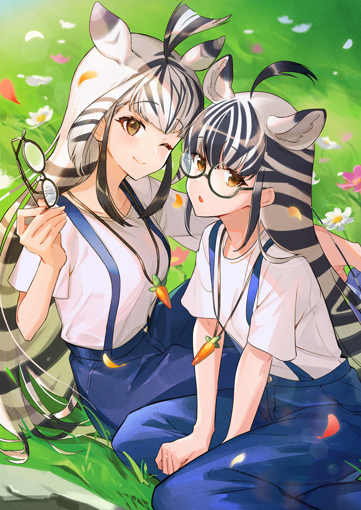 2girls, alternate_costume, alternate_eyewear, animal_ears, animal_print, black_hair, carrot, chapman's_zebra_(kemono_friends)