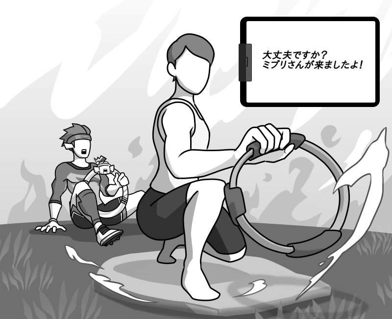 2boys, bike_shorts, cleats, compression_sleeve, faceless, faceless_male, fire, grass, greyscale, headband, monochrome, multiple_boys, open_mouth, pointy_ears, ring-con, ring_fit_adventure, ring_fit_trainee, squatting, surprised, tank_top, tipp_(ring_fit_adventure)