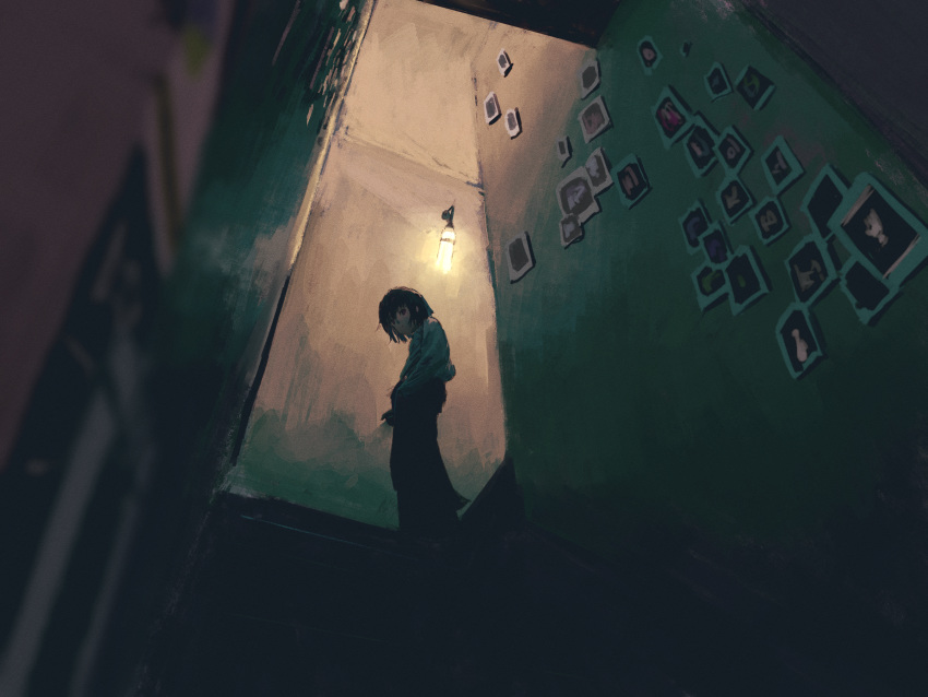 1girl, black_hair, blurry, daruma_karei, from_below, highres, horror_(theme), indoors