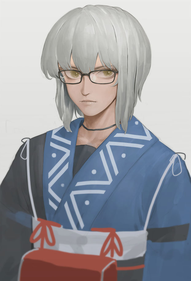 1boy, bangs, black-framed_eyewear, black_kimono, black_shirt, blue_kimono, djjj5322, expressionless
