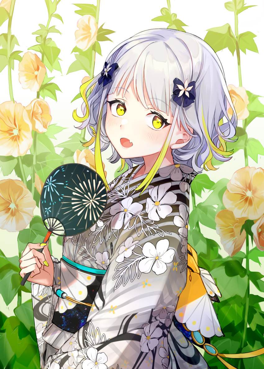1girl, 447_records, absurdres, al_mican, blonde_hair, blush, fan, fang