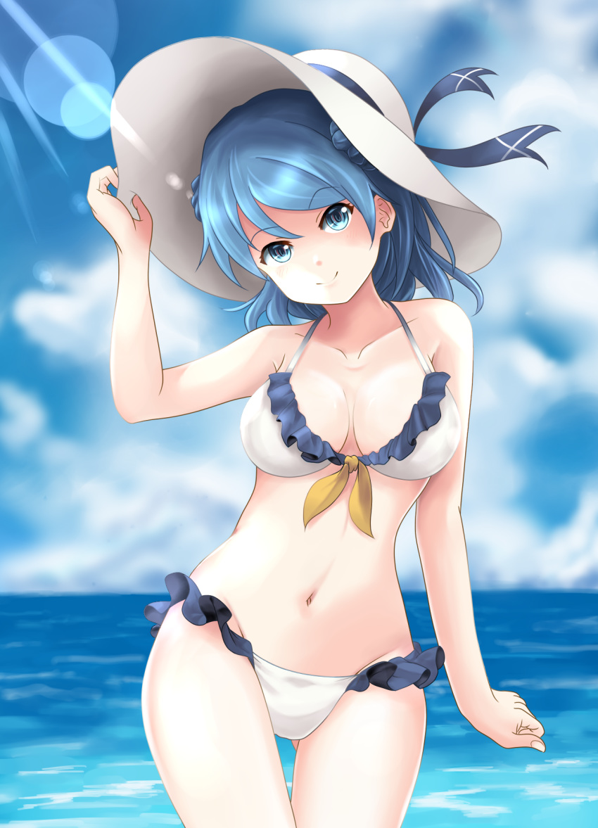 1girl, beach, bikini, blue_eyes, blue_hair, blue_sky, breasts, clouds, cowboy_shot, day, double_bun, eyebrows_visible_through_hair, frilled_bikini, frills, hat, highres, kantai_collection, kuroneko86, large_breasts, looking_at_viewer, navel, ocean, outdoors, sky, solo, standing, sun_hat, sunlight, swimsuit, urakaze_(kantai_collection), water, white_bikini, white_headwear