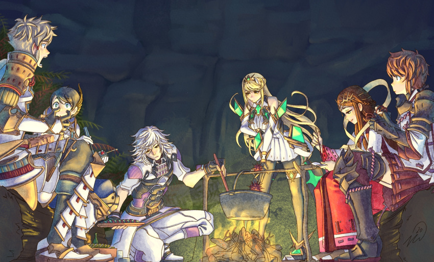 3boys, 3girls, addam_origo, blonde_hair, campfire, cooking, dress, fan_la_norne
