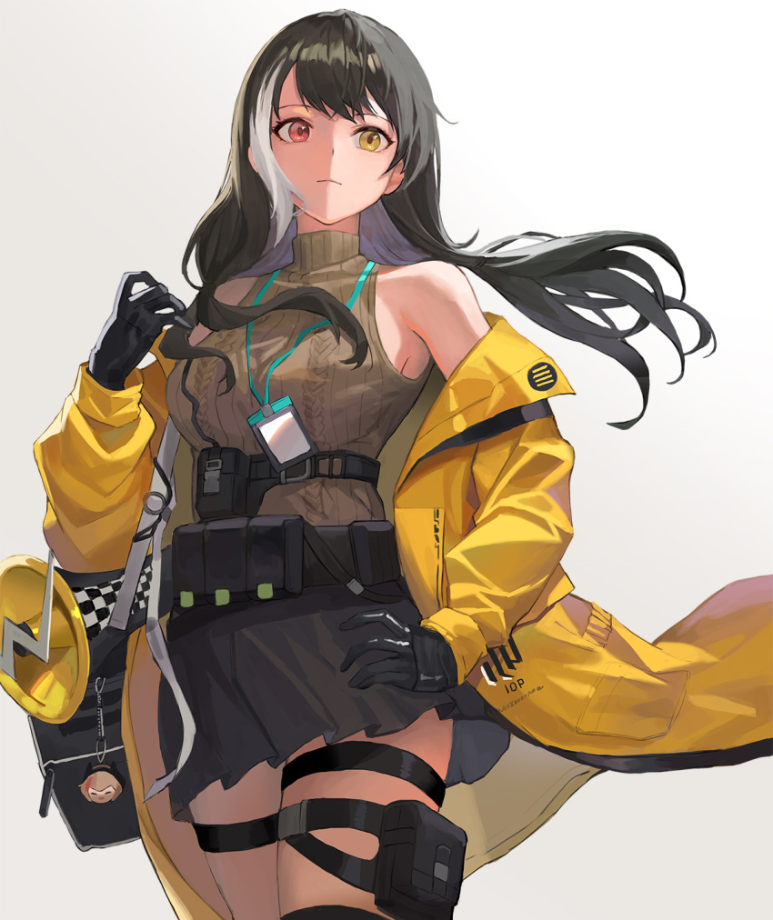 1girl, bag, bangs, black_gloves, black_hair, black_skirt, breasts, charm_(object)