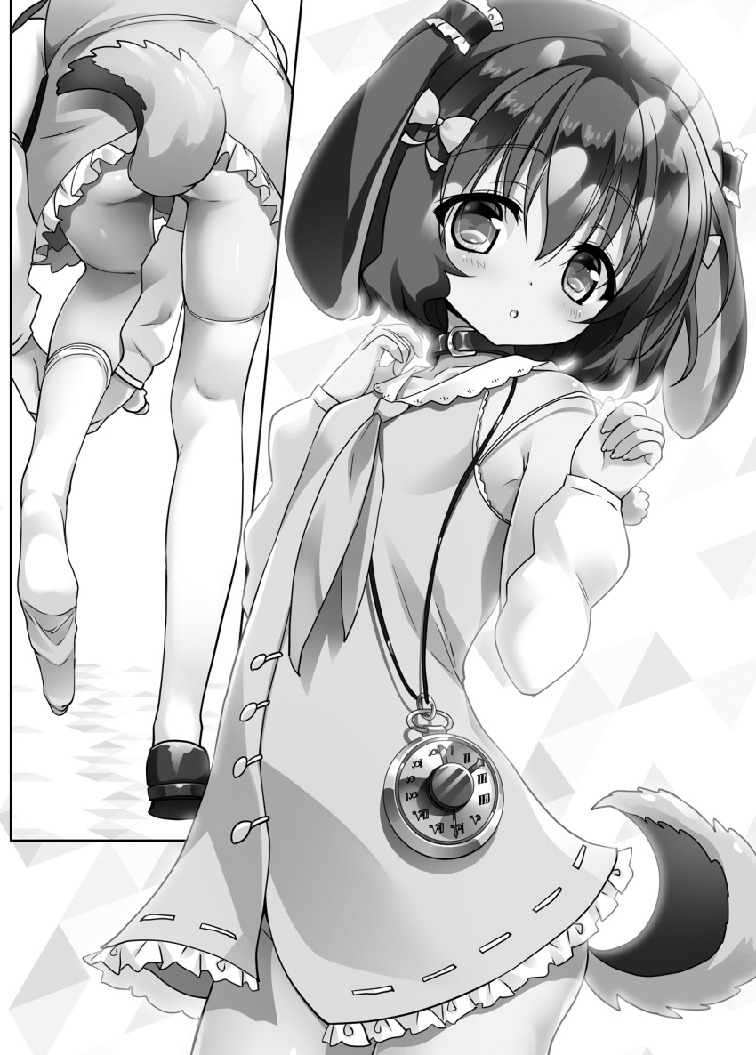 animal_ears, ass, clock, dog_ears, hair_ribbon, highres, lazy_dungeon_master, monochrome