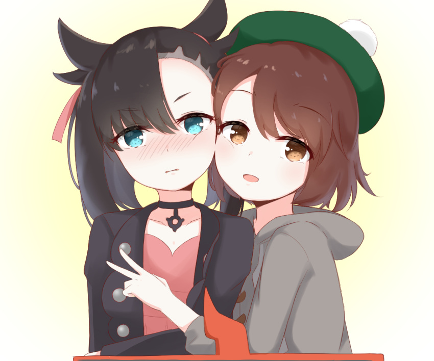 2girls, aqua_eyes, asymmetrical_bangs, bangs, black_choker, black_hair, black_jacket, blush, bob_cut, brown_eyes, brown_hair, cardigan, chirun0, choker, commentary, dress, gen_4_pokemon, gloria_(pokemon), green_headwear, grey_cardigan, hair_ribbon, hat, hooded_cardigan, jacket, looking_at_viewer, marnie_(pokemon), multiple_girls, pink_dress, pokemon, pokemon_(game), pokemon_swsh, ribbon, rotom, rotom_phone, tam_o'_shanter, upper_body, v, yuri
